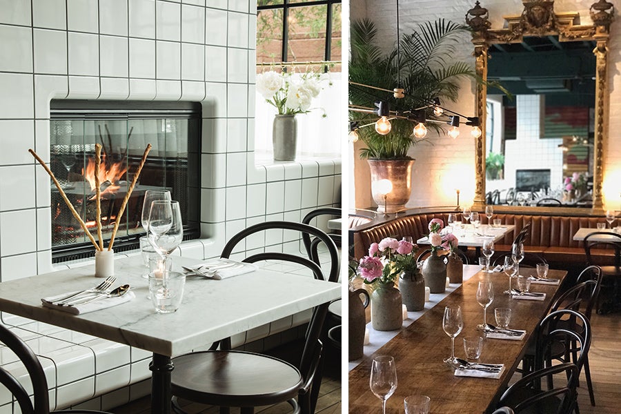 Pammy's fireplace makes the communal table extra cozy