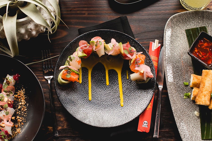 Fluke crudo, rainbow roll, crab Rangoons at Fat Baby.