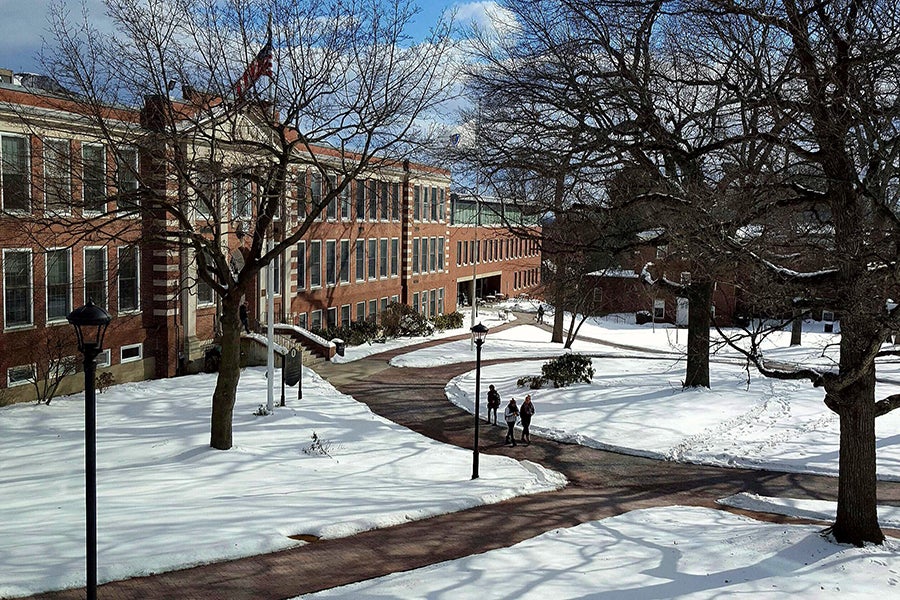The Framingham State University campus covered in snow
