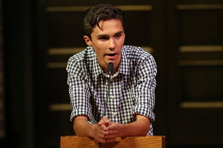 David Hogg, a student survivor from Marjory Stoneman Douglas High School in Parkland, Fla. addresses a community rally for common sense gun legislation at Temple B'nai Abraham Sunday, Feb. 25, 2018, in Livingston, N.J. Speakers include student survivors from Marjory Stoneman Douglas High School in Parkland, Fla., including Hogg, Ryan Deitsch and Matthew Deitsch.