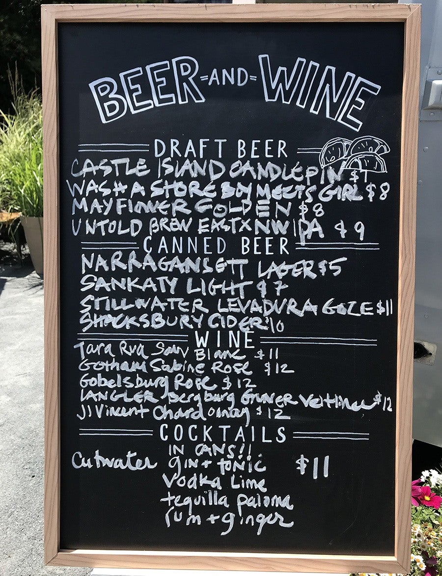 The beer, wine, and cocktail menu at the Raw Bar at Island Creek Oyster Farm