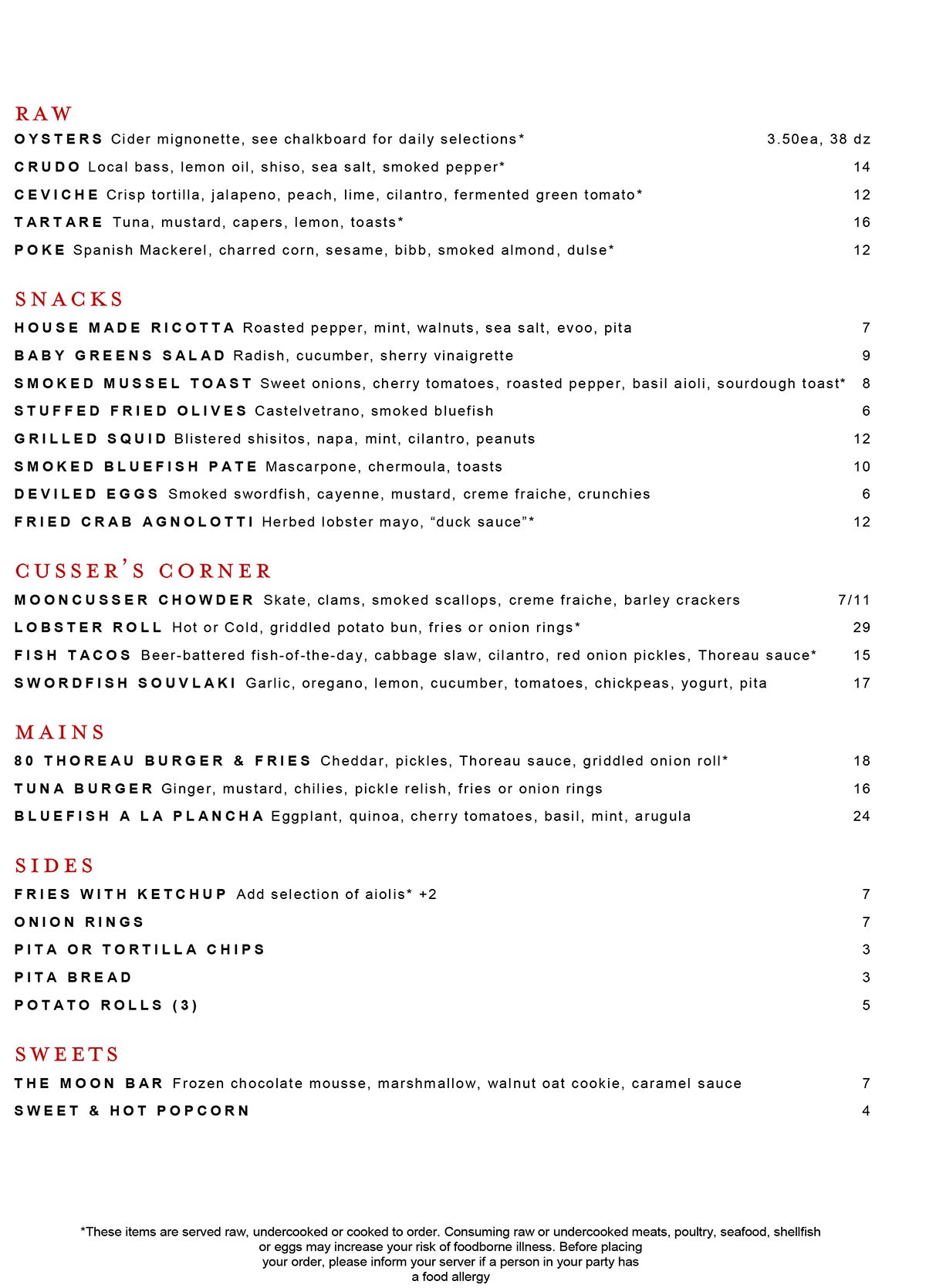 Moon Bar new menu Aug 2018