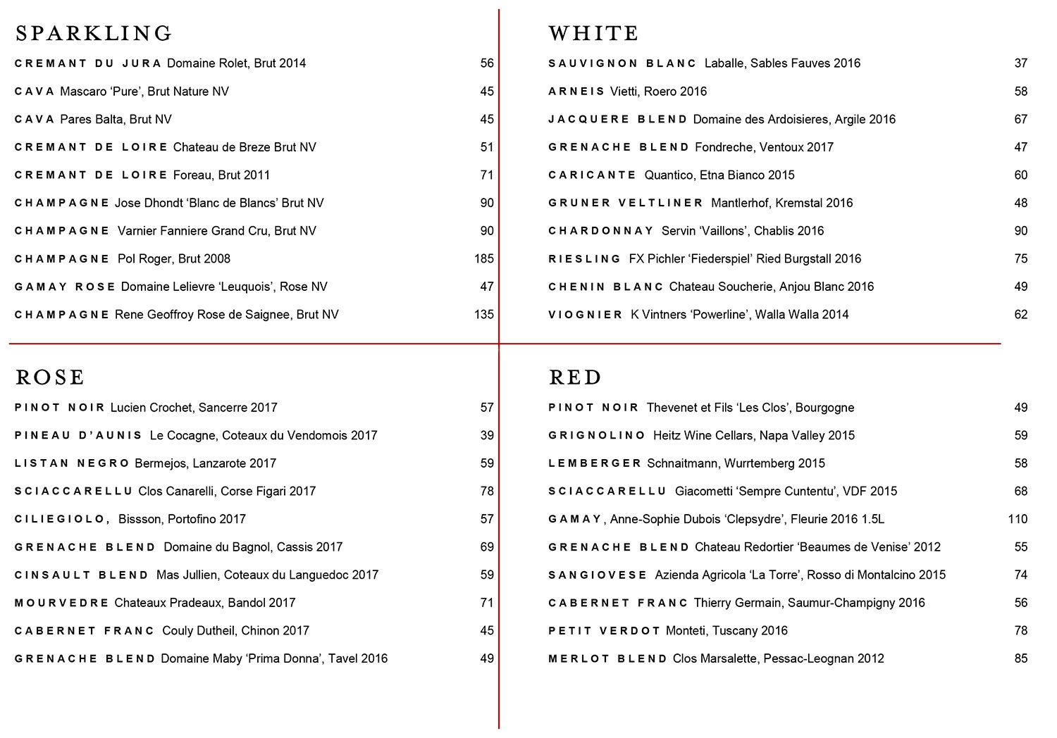 Moon Bar wine menu Aug 2018