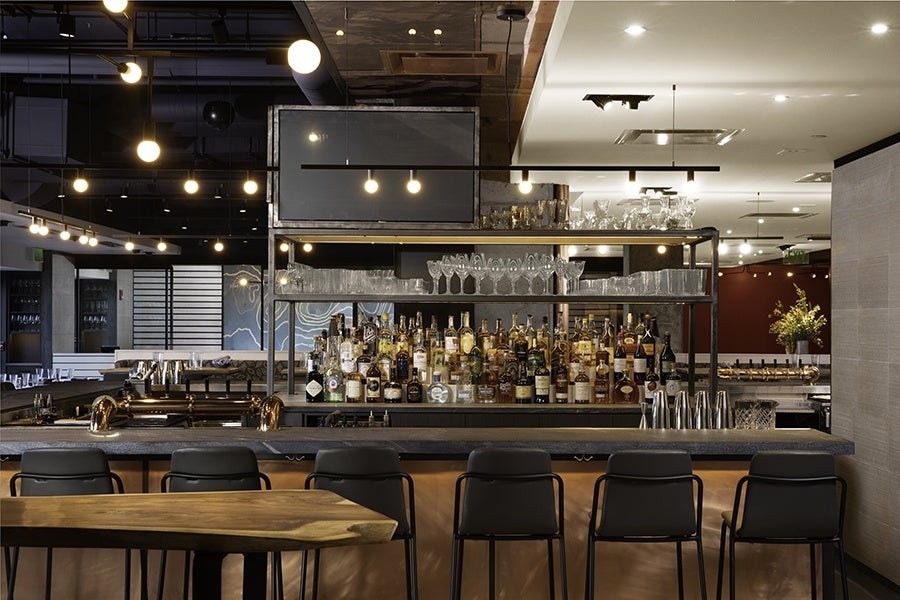 A 35-seat, U-shaped bar dominates the room at Alcove