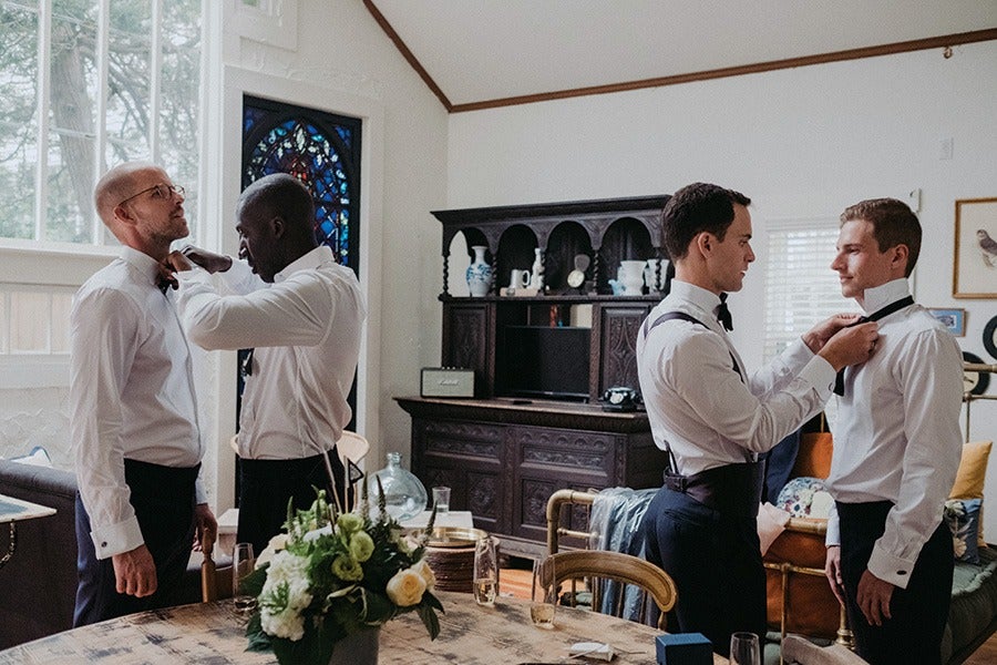 bridal party gets ready at Eben House in Provincetown