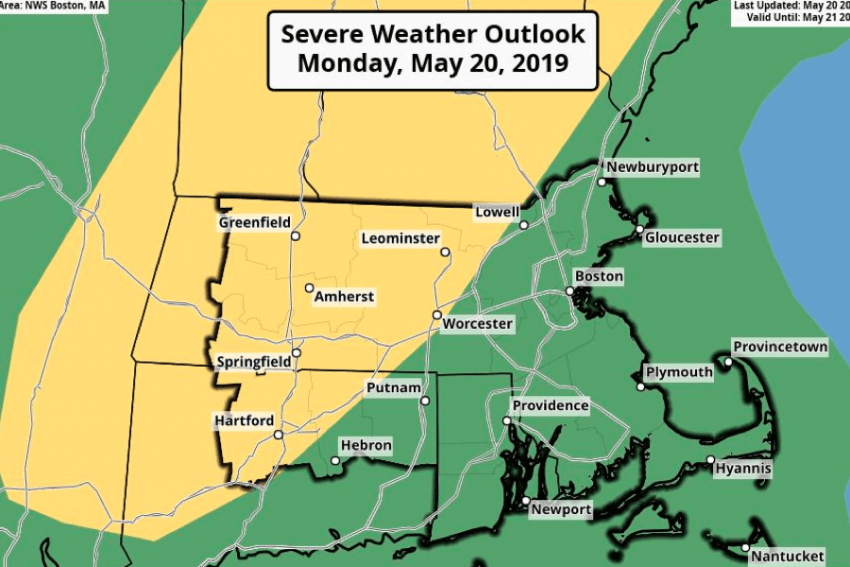 Severe Thunderstorms, Chance of Tornadoes in Massachusetts Today
