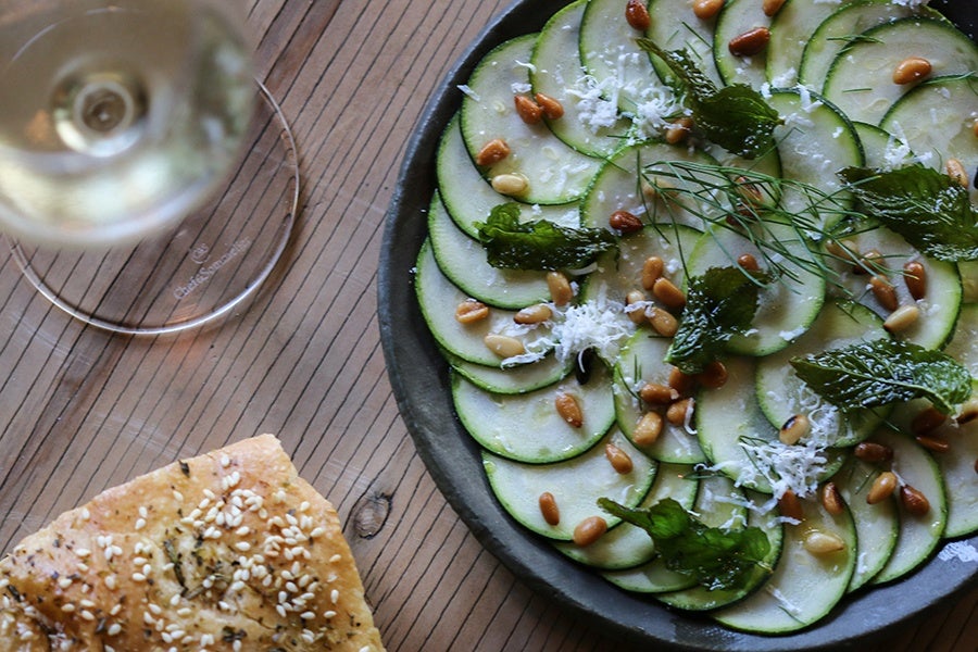 A menu preview for Krasi: zucchini carpaccio