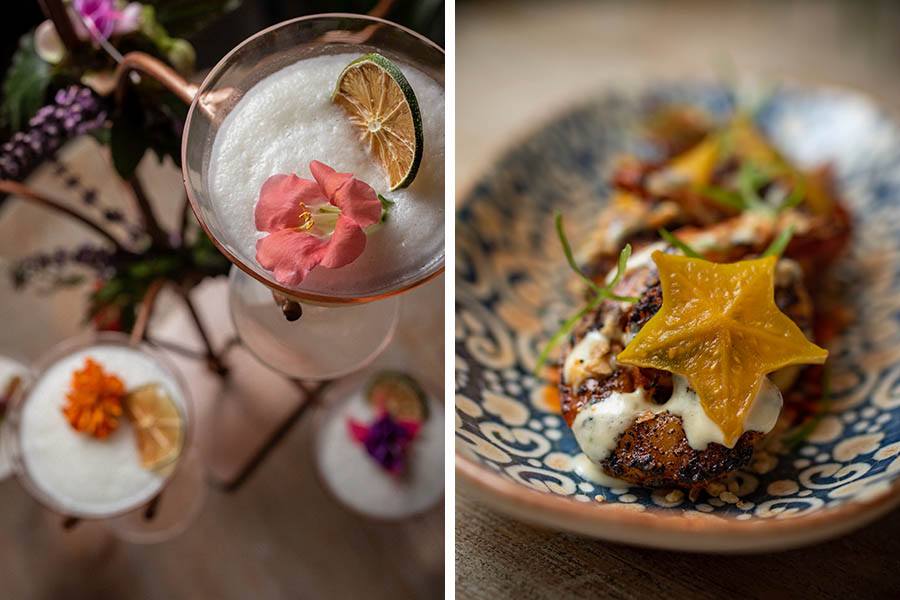 A daiquiri tree for a group at Mariel. On the right, a dish of blackened shrimp