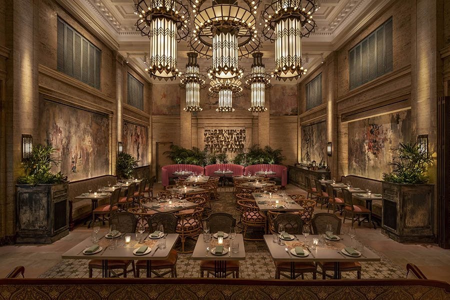 The dining room at Mariel boasts 23-foot ceilings