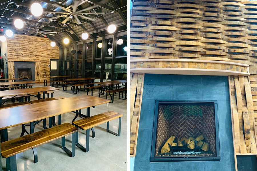 Detail photos of the woodworking inside the Hopservatory rooftop beer hall at Dorchester Brewing Company