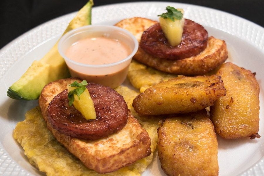 Fried salami, cheese, and plantains.