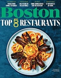 A magazine cover features the headline Top 50 Restaurants and an overhead view of a bowl of Peruvian tacu tacu, with mussels and other seafood.