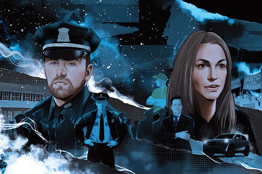 An illustration of victim John O'Keefe in a police man uniform and his girlfriend Karen Read, who's been charged with second-degree murder.