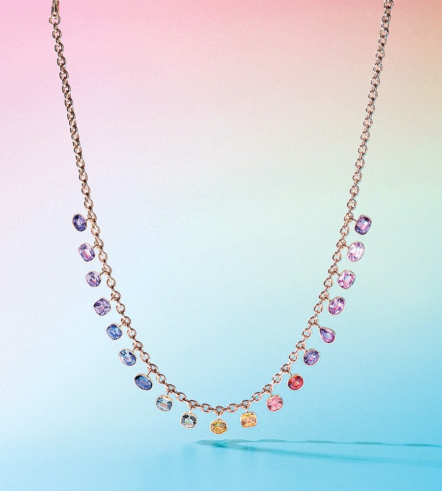 Emily P. Wheeler "Rainbow Drop" 18-karat-gold necklace with unheated fancy-colored sapphires, available at Long's Jewelers.