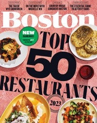 A magazine cover features the headline Top 50 Restaurants and an overhead view of four dishes of lentil nachos, gyro bread, roasted beets, and brussel sprouts.