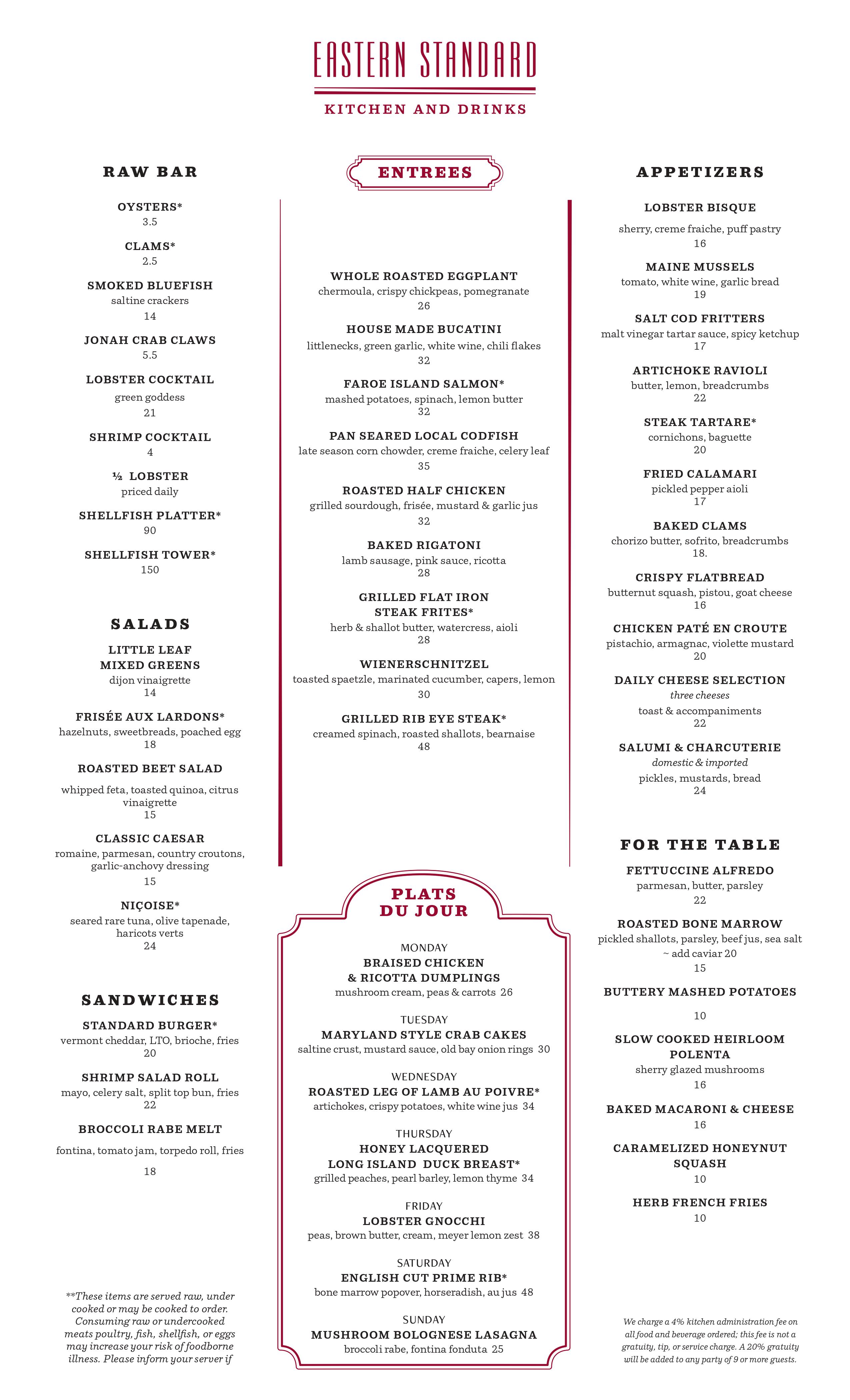 A restaurant's dinner menu.