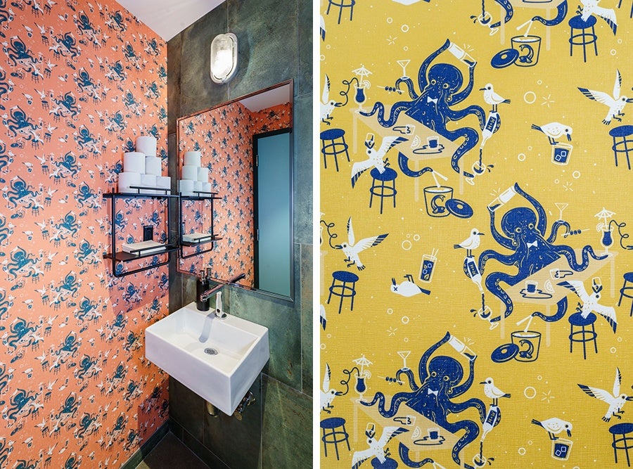 Side-by-side images show a restaurant bathroom with colorful octopus-themed wallpaper - pale orange in one photo, yellow in the other.