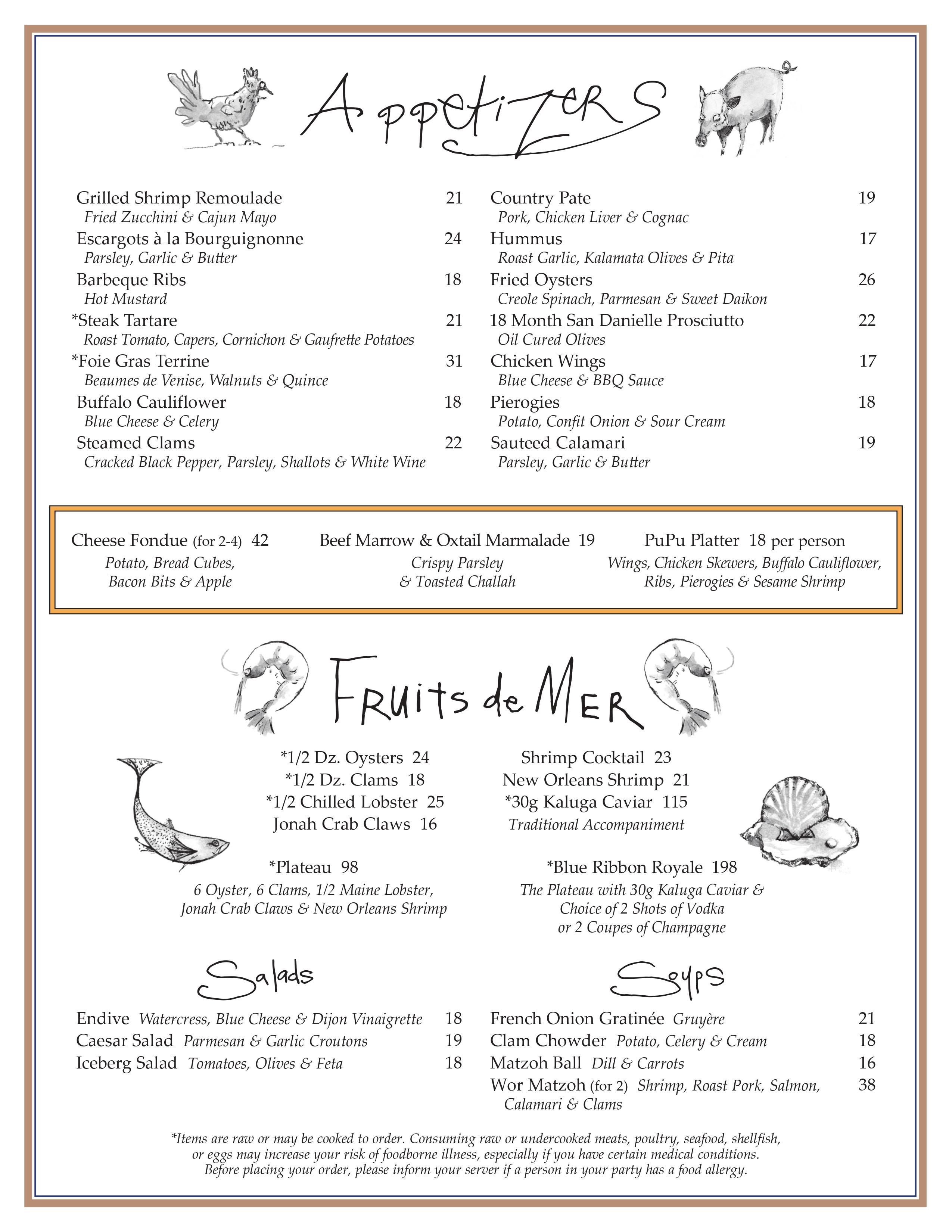 A page of a restaurant menu with appetizers, raw bar, salads, and soups.