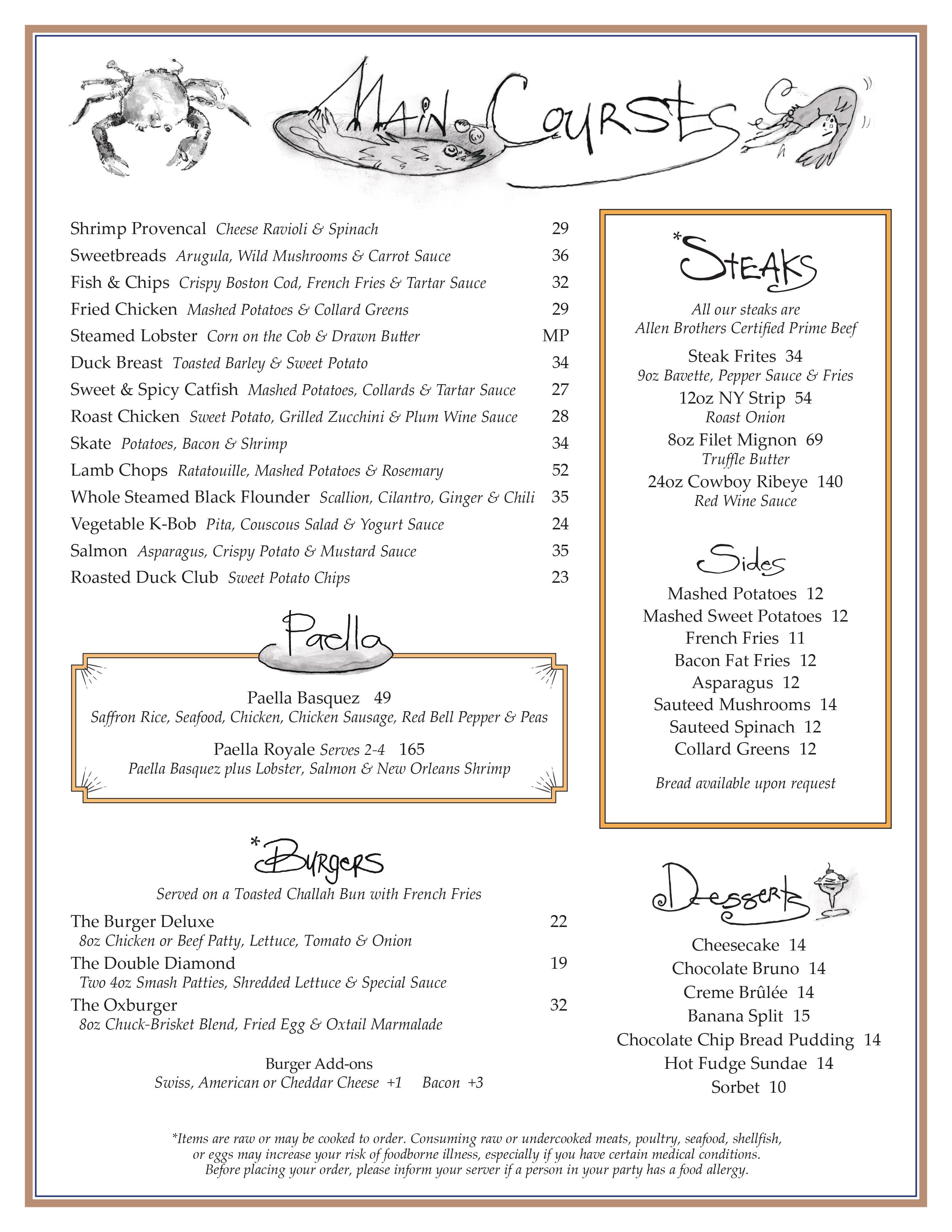 A page of a restaurant menu with steaks, paella, burgers, entrees, and desserts.