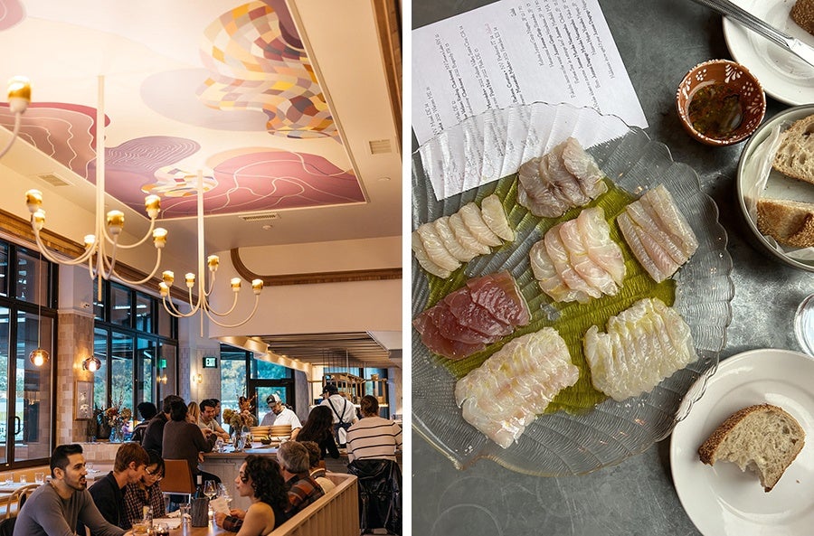 Side by side photos of a restaurant dining room with an intricate pink, purple, and yellow pattern on its ceiling, and a plate of different crudos.