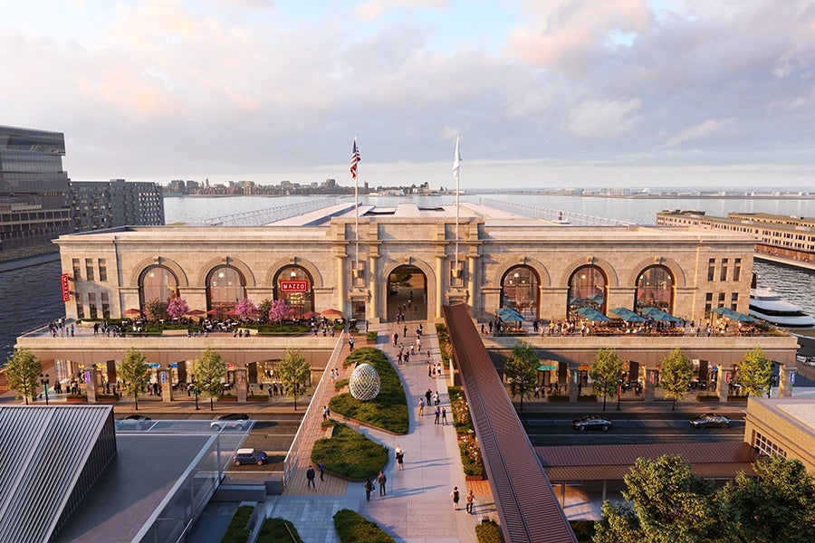 Rendering of a wide, two-story, light-colored stone building on Boston's waterfront.