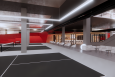 Rendering of an indoor pickleball complex with a red, white, and gray color scheme.