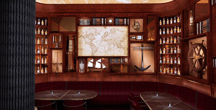 Rendering of a bar full of antique nautical paraphernalia and liquor bottles.