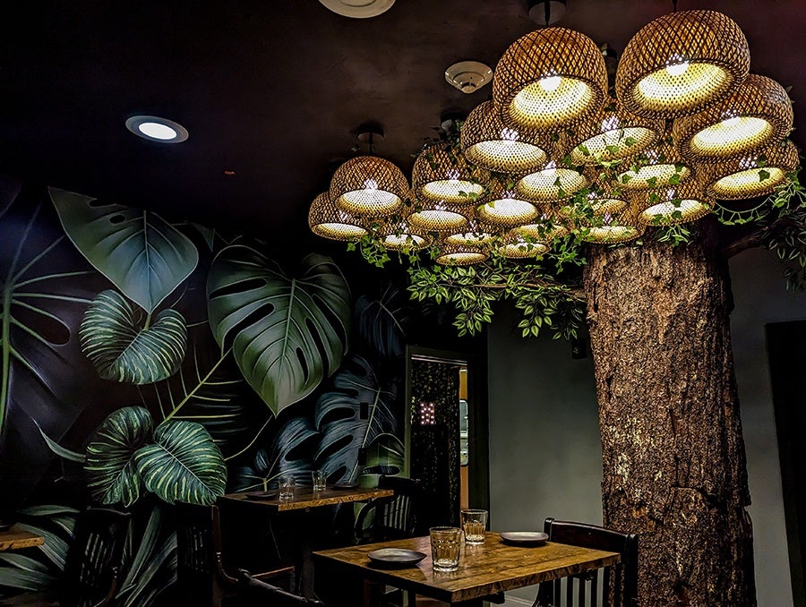 A restaurant dining room features jungle wallpaper and a tree trunk with distinctive basket-like lights coming off of the top with fake leaves.