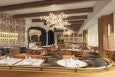 Rendering of an upscale restaurant with light wood, marble, and orange-brown seating.