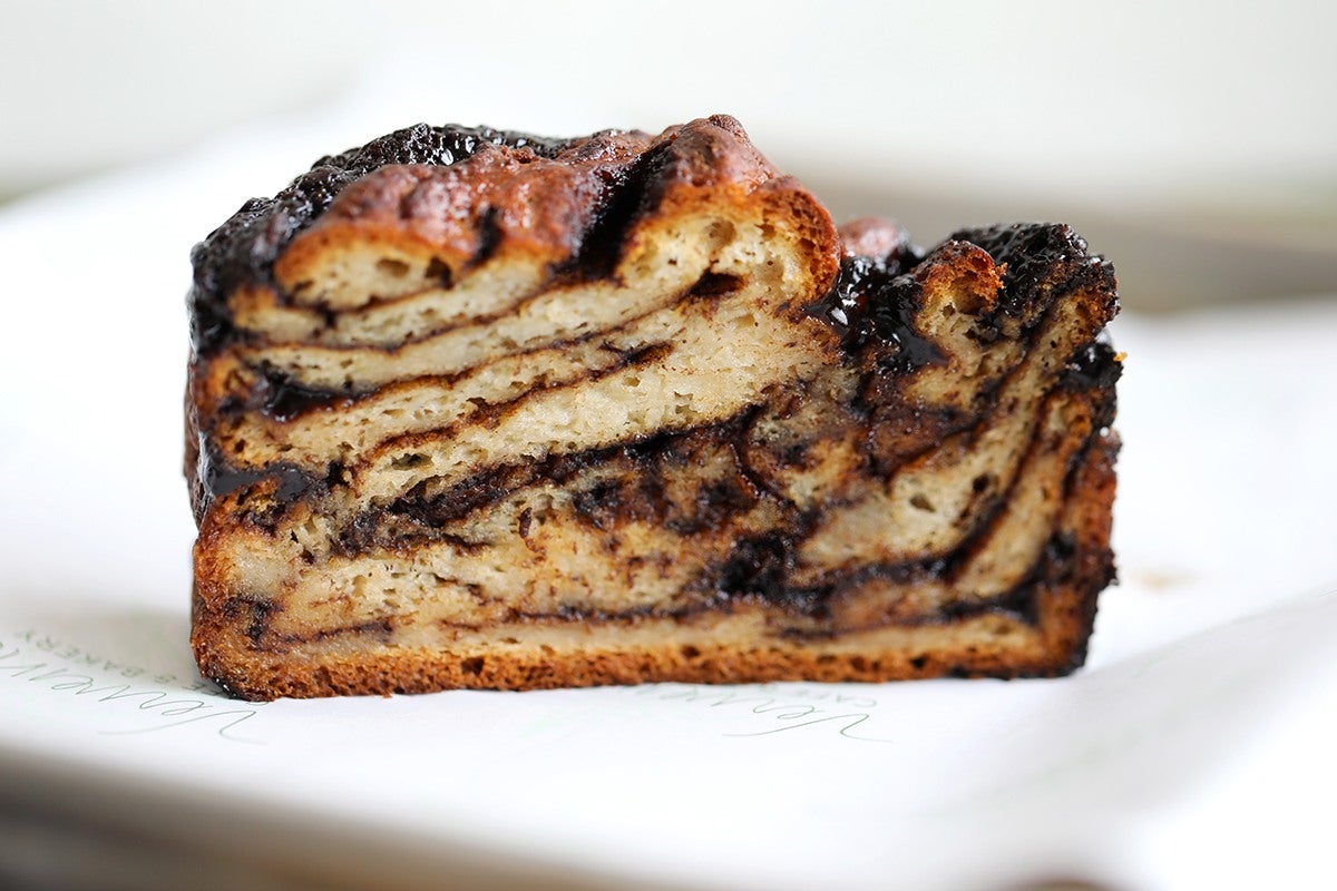 A slice of chocolate babka.