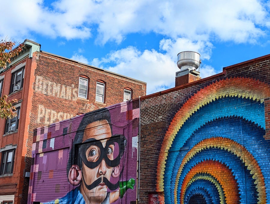 Two colorful murals are painted on brick city walls. One features Dali as a superhero.