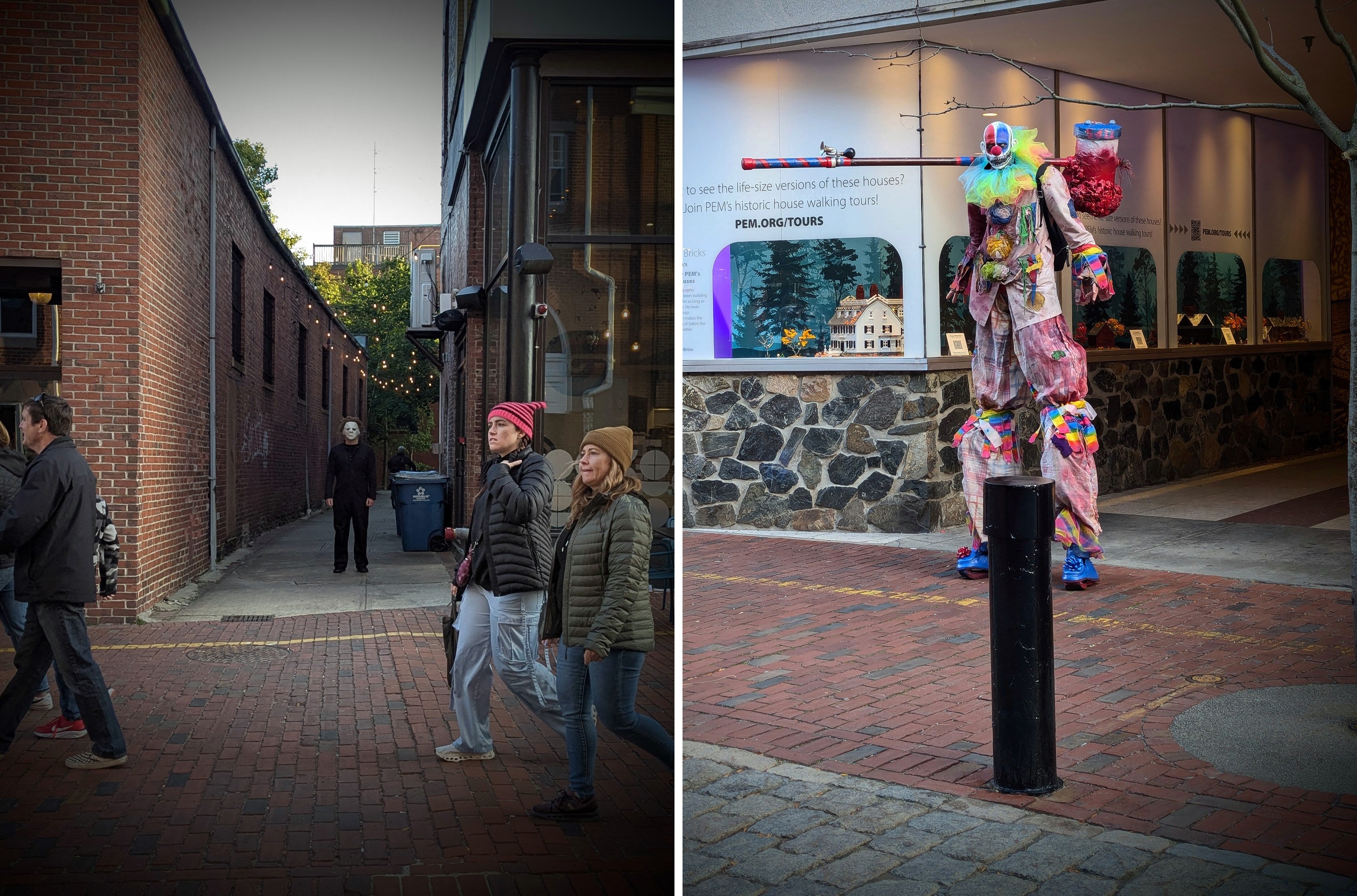 A person in a Michael Myers costume and a person in a creepy clown costume stare into the camera in two scenes from October in Salem.