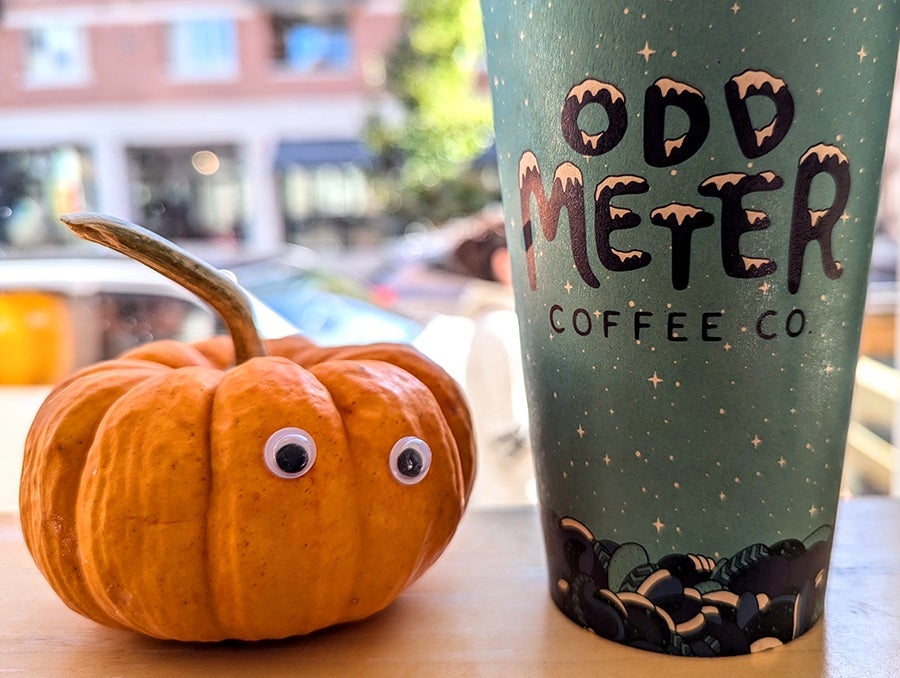 A small pumpkin with googly eyes sits next to a green cup with an Odd Meter Coffee logo on it.