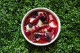 Pieces of raw scallop are presented on a circular plate with bold red ingredients, including blood orange segments and pomegranate seeds. The plate sits on a backdrop of faux microgreens.