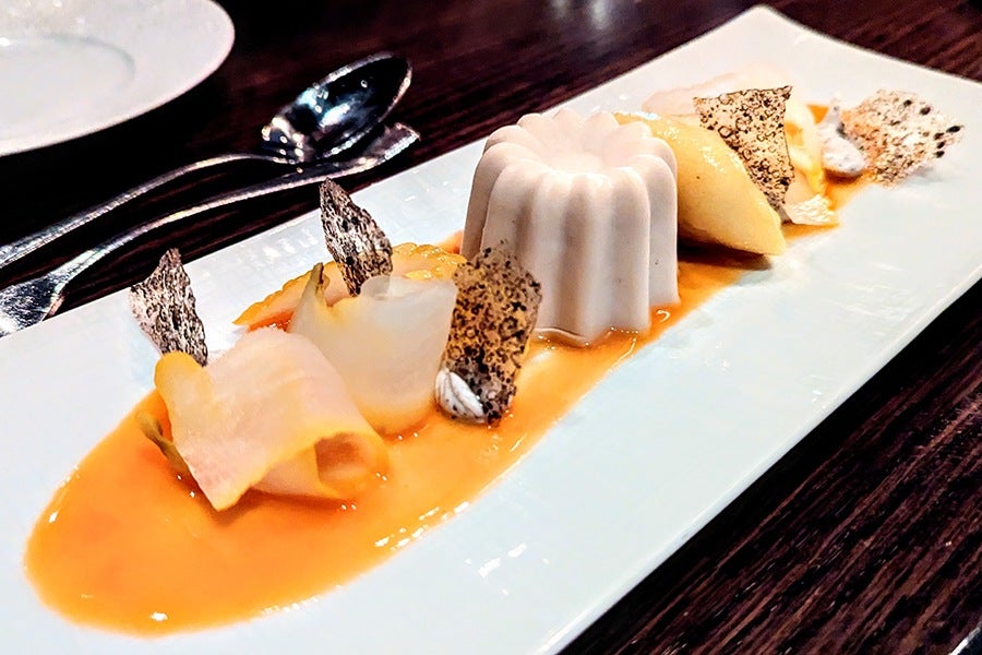 A fine-dining dessert is plated on a long, rectangular white plate. Panna cotta and accoutrements sit in a pool of orange sauce.