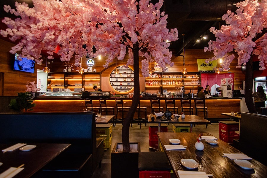 A casual restaurant that looks like a Japanese izakaya features two faux cherry blossom trees in the center of the room.