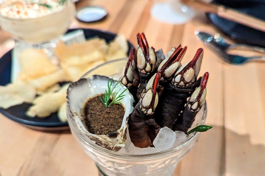 Gooseneck barnacles, which look like dinosaur claws, are presented with a dark dipping sauce in an oyster shell.