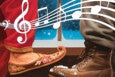 Two feet facing each other near a window with a snowy scene outside; one foot wears a brown boot with snow on it, and the other wears a decorative slipper with floral embroidery and red pants. White musical notes and a treble clef float above the feet.