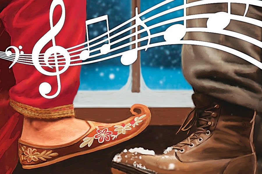 Two feet facing each other near a window with a snowy scene outside; one foot wears a brown boot with snow on it, and the other wears a decorative slipper with floral embroidery and red pants. White musical notes and a treble clef float above the feet.