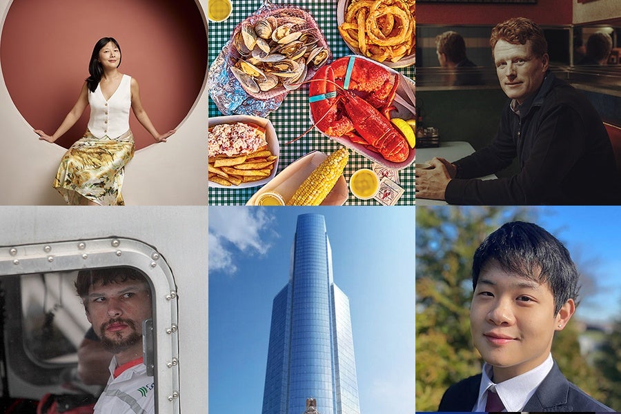 A collage of six images: a woman sitting in a circular frame against a brown background wearing a white top and floral skirt; a table with a seafood meal including lobster, clams, fries, corn, and onion rings; a man sitting in a booth at a restaurant with a reflective mirror behind him; a man with a beard looking out from a vehicle window; a tall modern glass skyscraper against a blue sky; a young man in a suit and tie smiling outdoors with trees and a clear sky in the background.