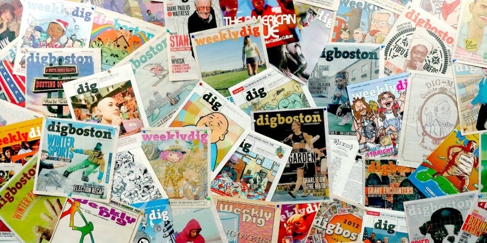 A collage of various magazine covers from "dig," "digboston," and "weekly dig," featuring a mix of illustrations, photographs, and headlines. The covers include diverse themes such as sports, music, culture, and local events, with colorful and artistic designs. Some covers show people, cartoons, and animals, while others highlight specific stories or events. The overall arrangement is dense and overlapping, creating a vibrant and eclectic visual display.