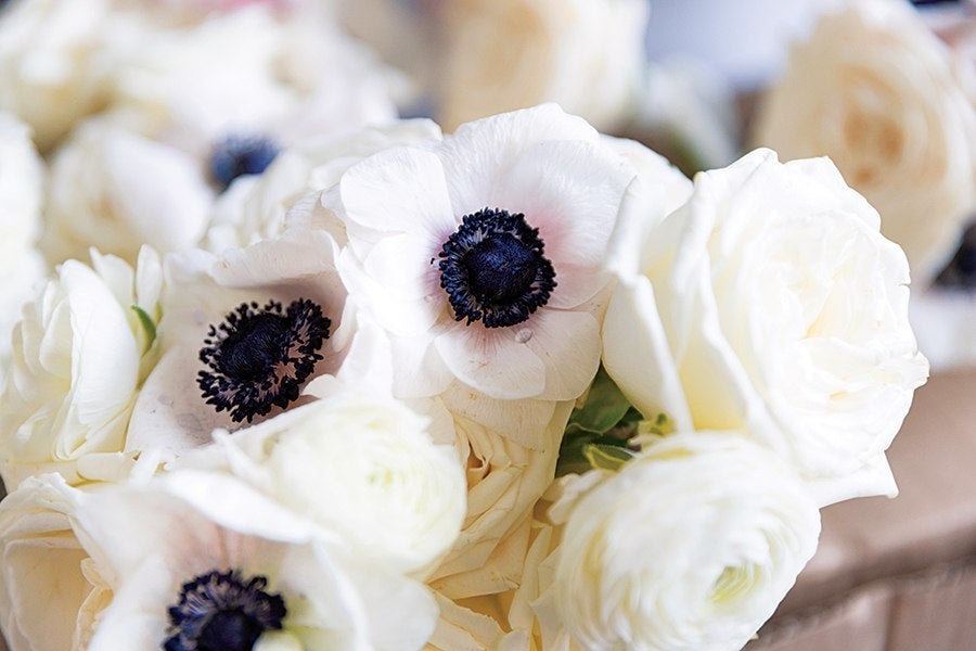 Close-up of a bouquet featuring white anemone flowers with dark purple-black centers, surrounded by creamy white roses and ranunculus blooms. The petals are soft and delicate, creating a fresh and elegant floral arrangement.