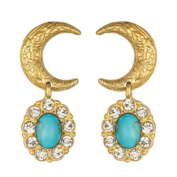 Gold crescent-shaped earrings with intricate floral engravings, each featuring a dangling oval turquoise stone surrounded by a ring of clear rhinestones.