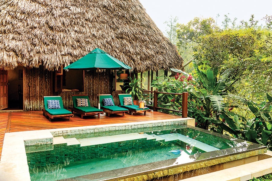 A wooden deck with four green cushioned lounge chairs, each with a patterned pillow, and a green umbrella. The deck is attached to a rustic hut with a thatched roof. In front of the deck is a rectangular pool with clear water. Lush green foliage surrounds the area.
