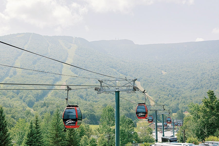 Red and black gondola cabins suspended on cables above a forested area with a mountain in the background.