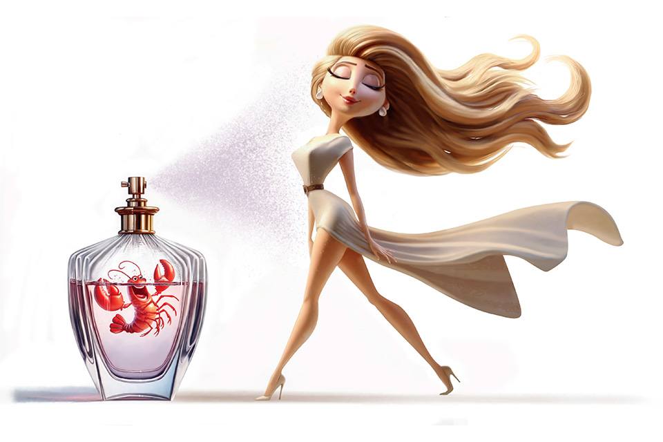 A stylized woman with long flowing blonde hair and a white dress is walking confidently while spraying perfume from a large bottle. Inside the perfume bottle, there is a red lobster submerged in the liquid. The background is white and minimalistic.