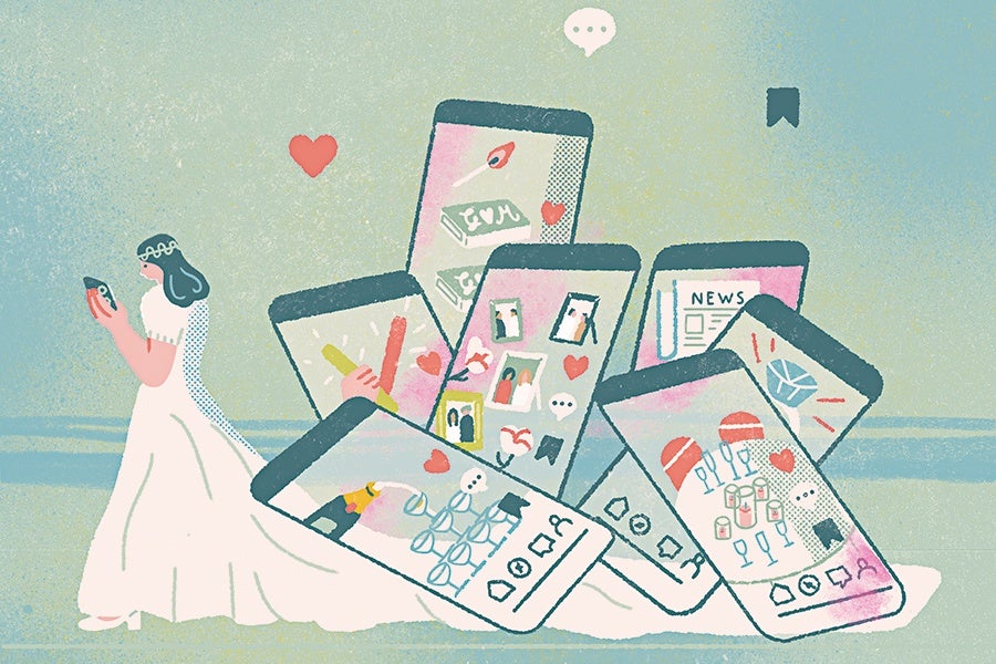 A woman in a white dress with a flower crown is looking at her phone, surrounded by large overlapping smartphone screens displaying various icons and images such as hearts, photos, news, drinks, and social media elements. The background is a muted greenish-blue.