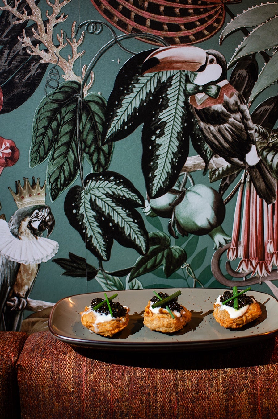 A rectangular gray plate holds three small crispy nuggets with a dollop of white cream, black caviar, and garnished with green chives. The plate is placed on a textured reddish-brown surface. In the background, there is a colorful mural featuring a toucan wearing a green bow tie and a parrot with a crown and ruffled collar, surrounded by large green leaves and flowers.