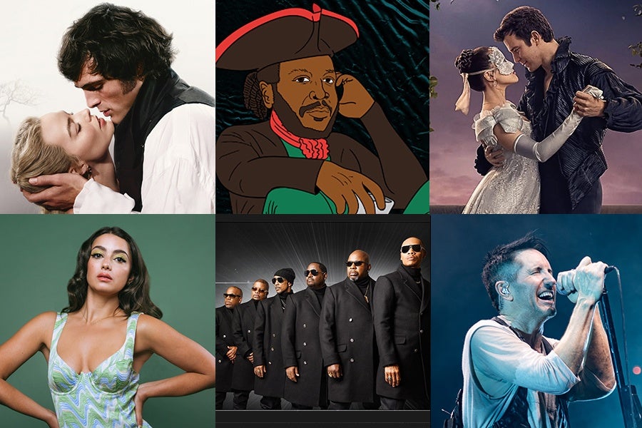 Top left: A romantic scene with a man and woman about to kiss, the man holding the woman's head gently. Top center: An animated portrait of a man wearing a large hat with a red band and a red scarf, resting his head on his hand. Top right: A couple dancing closely, the woman wearing a white dress and mask, the man in a dark outfit. Bottom left: A woman with long dark hair wearing a patterned sleeveless dress, posing with her hands on her hips against a green background. Bottom center: A group of seven men dressed in black coats and sunglasses, standing in a line against a dark background. Bottom right: A man passionately singing into a microphone on stage, wearing a white shirt with rolled-up sleeves.