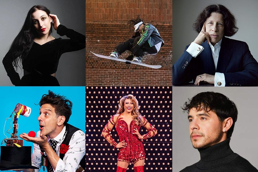 Top left: A woman with long dark hair wearing a black outfit, posing with one hand touching her head. Top center: A person snowboarding in mid-air against a brick wall background, wearing a jacket, pants, and a white visor. Top right: A person with short curly hair wearing a dark suit and white shirt, resting their head on their hand. Bottom left: A man with dark hair styled upwards, wearing a white shirt with black patterns and a black vest, interacting with a mechanical contraption with a red nose and a cup. Bottom center: A woman in a sparkling red dress with matching thigh-high boots, standing confidently with hands on hips against a backdrop of lights. Bottom right: A man with short dark hair and a trimmed beard, wearing a black turtleneck, looking to the side.